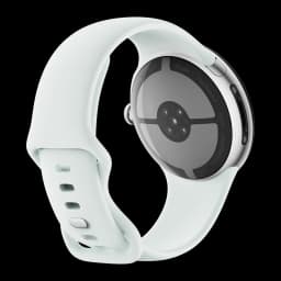 Google Pixel Watch 5 45mm Plata NFC, vista trasera: sensores de salud, caja plateada y correa verde menta