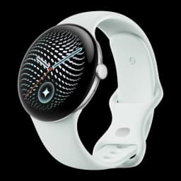 Google Pixel Watch 5 45mm Plata NFC, vista lateral: esfera activa con manecillas y correa menta clara