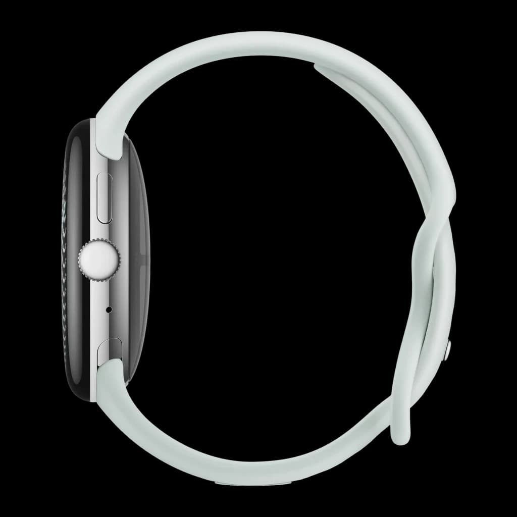 Google Pixel Watch 5 45mm Plata NFC, vista lateral: corona giratoria, botones y correa verde menta sobre fondo negro