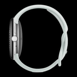 Google Pixel Watch 5 45mm Plata NFC, vista lateral: corona giratoria, botones y correa verde menta sobre fondo negro