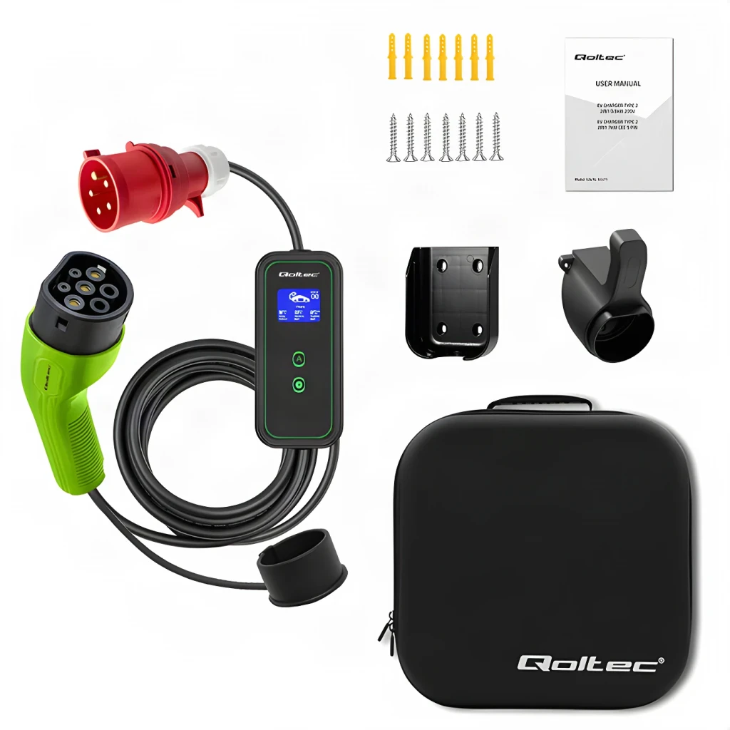 Cargador Coche Eléctrico Qoltec 2 en 1 Tipo 2 11kW 5m 52475, contenido: cable verde, control con pantalla, bolsa, soporte