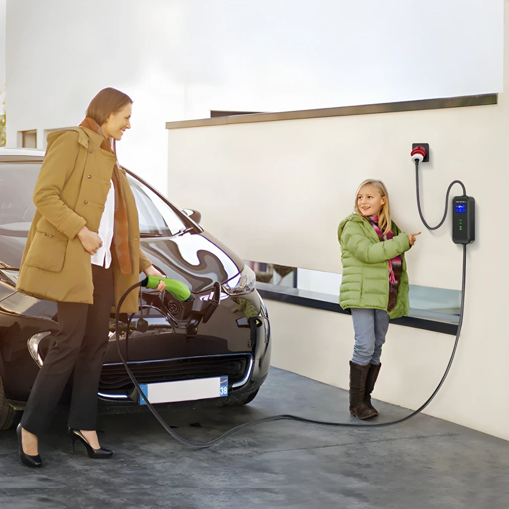 Cargador Coche Eléctrico Qoltec 2 en 1 Tipo 2 11kW 5m 52475, uso: mujer conectando cable al vehículo, unidad montada