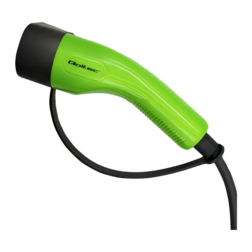 Cargador Coche Eléctrico Qoltec 2 en 1 Tipo 2 11kW 5m 52475, vista lateral: mango verde con logo Qoltec, conector negro