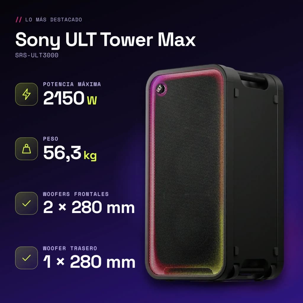 Enceinte de soirée Sony ULT Tower Max 2150W Bluetooth 5.3 Noir SRS-ULT3000 - caractéristiques