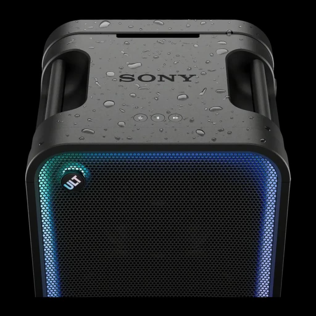 Enceinte de soirée Sony ULT Tower Max 2150W Bluetooth 5.3 Noir SRS-ULT3000, détail: panneau supérieur avec gouttes d'eau