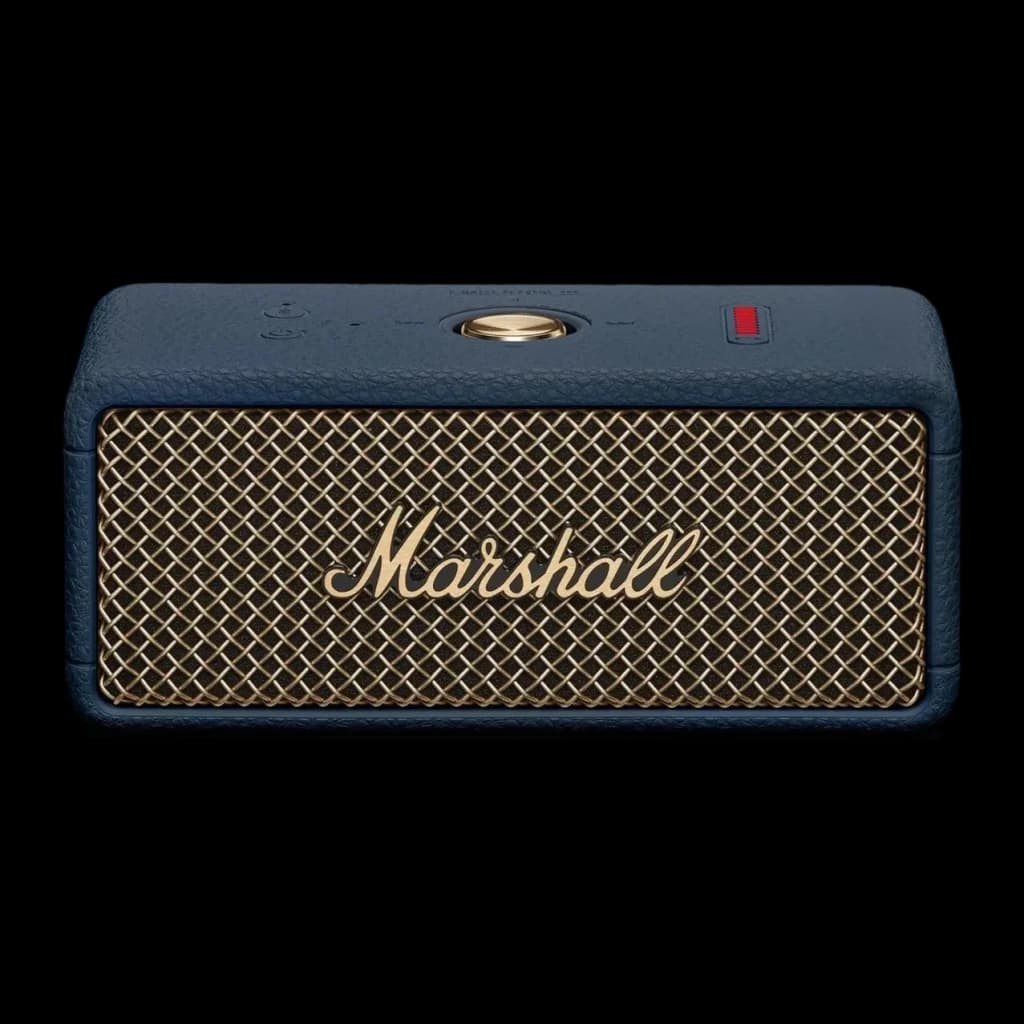 Coluna portátil Marshall Emberton III IP67 32h Bluetooth 5.3 Azul Meia-Noite, vista frontal: grelha dourada com logótipo