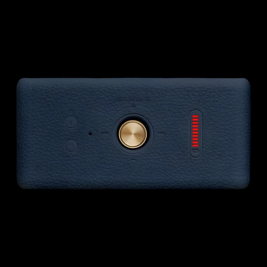Coluna portátil Marshall Emberton III IP67 32h Bluetooth 5.3 Azul Meia-Noite, detalhe: painel de controlos com botão dourado