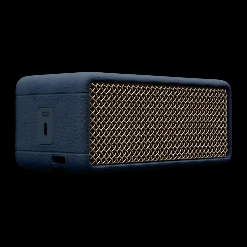 Coluna portátil Marshall Emberton III IP67 32h Bluetooth 5.3 Azul Meia-Noite, vista traseira: lateral esquerdo com porta