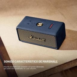 Coluna portátil Marshall Emberton III IP67 32h Bluetooth 5.3 Azul Meia-Noite, em uso: sobre superfície de cartão, grelha