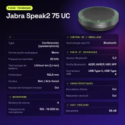 Conférencier Jabra Speak2 75 UC Bluetooth 5.2 USB-C/A Gris - caractéristiques