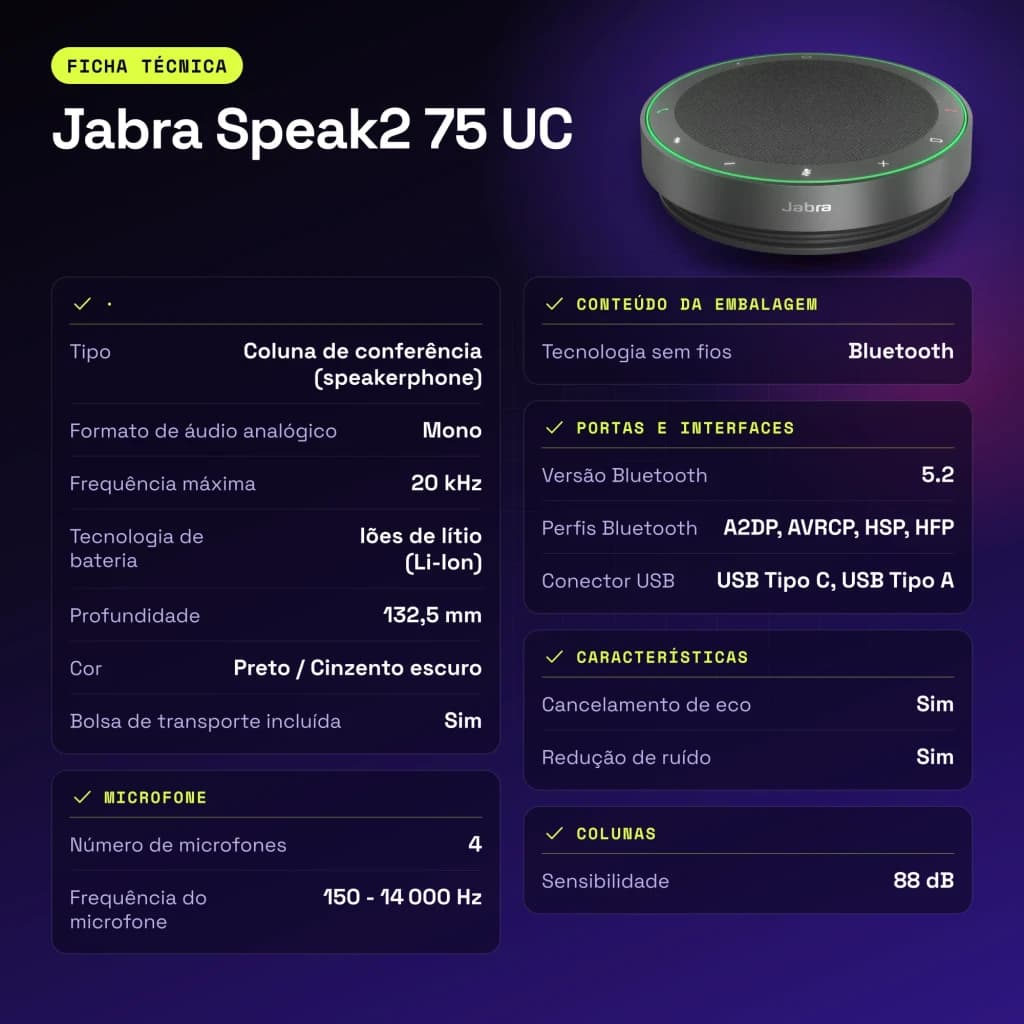Conférencier Jabra Speak2 75 UC Bluetooth 5.2 USB-C/A Gris - caractéristiques