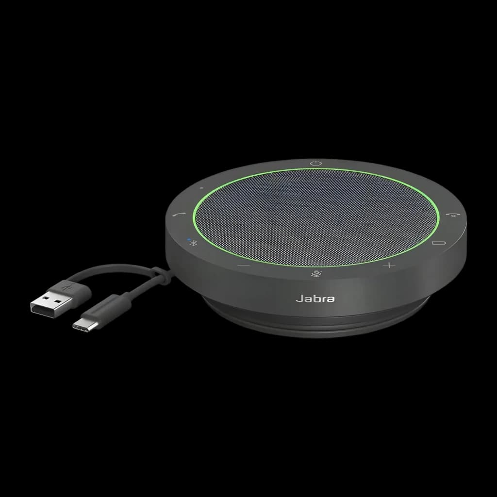 Conférencier Jabra Speak2 75 UC Bluetooth 5.2 USB-C/A Gris, détail: anneau LED vert actif et câble USB-C/A inclus