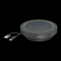 Conférencier Jabra Speak2 75 UC Bluetooth 5.2 USB-C/A Gris, détail: anneau LED vert actif et câble USB-C/A inclus