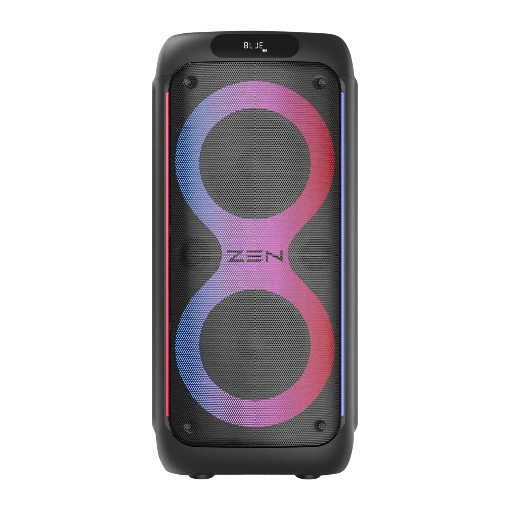 Altavoz portátil ZEN Devices Rings 95W RMS 7h Bluetooth 5.0 Negro, vista frontal: rejilla negra con dos altavoces y luces