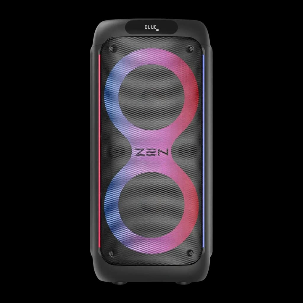 Altavoz portátil ZEN Devices Rings 95W RMS 7h Bluetooth 5.0 Negro, vista frontal: rejilla negra con dos altavoces y luces