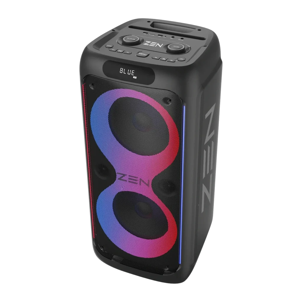 Altavoz portátil ZEN Devices Rings 95W RMS 7h Bluetooth 5.0 Negro, vista frontal en ángulo: luces RGB en forma de 8, display