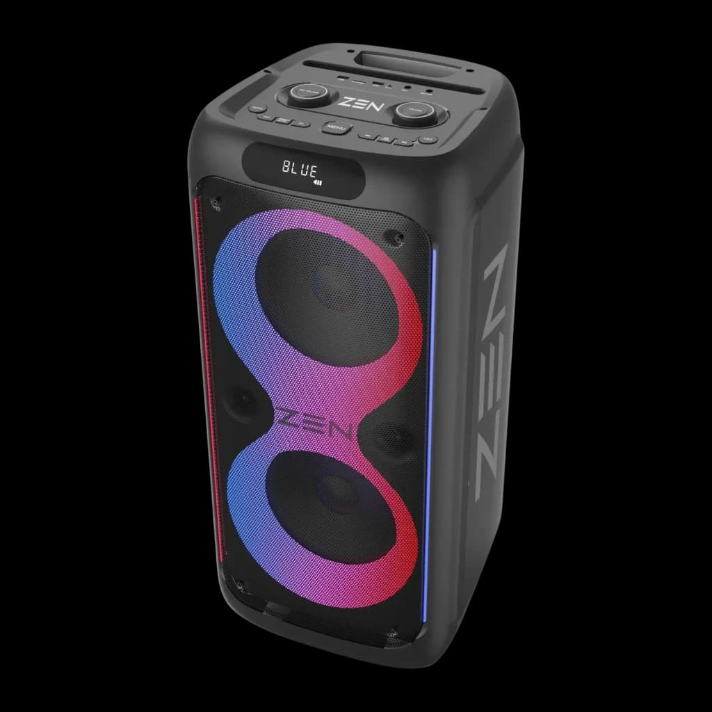 Altavoz portátil ZEN Devices Rings 95W RMS 7h Bluetooth 5.0 Negro, vista frontal en ángulo: luces RGB en forma de 8, display