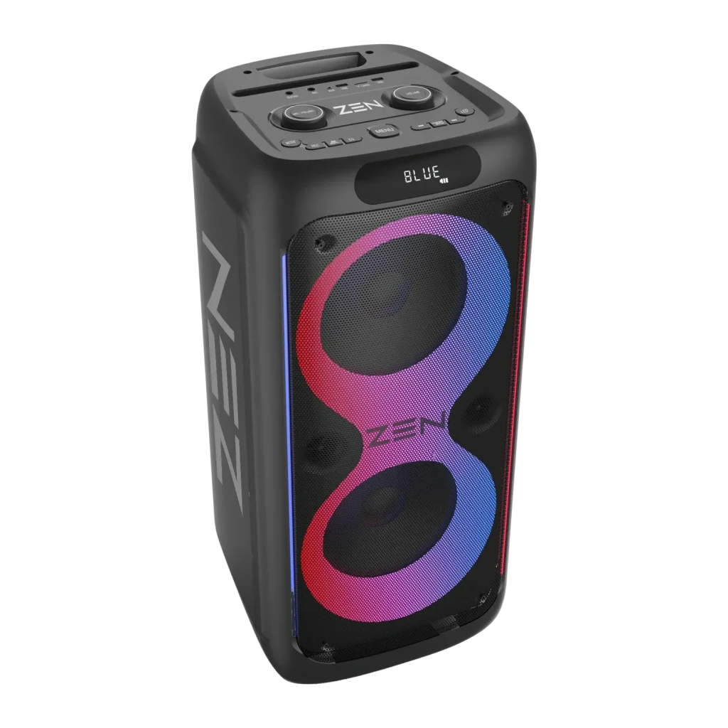 Altavoz portátil ZEN Devices Rings 95W RMS 7h Bluetooth 5.0 Negro, vista frontal en ángulo: luces LED multicolor en doble