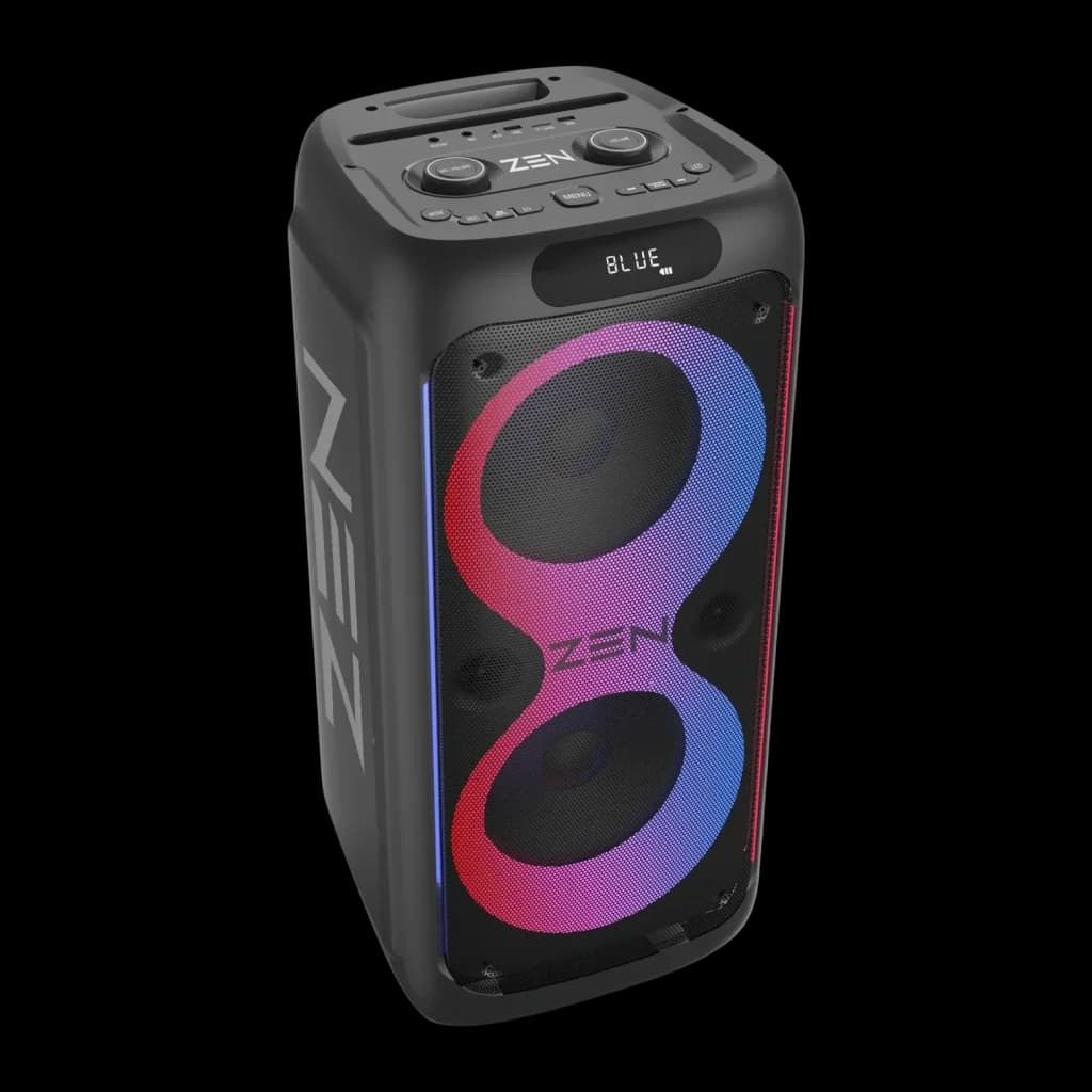 Altavoz portátil ZEN Devices Rings 95W RMS 7h Bluetooth 5.0 Negro, vista frontal en ángulo: luces LED multicolor en doble