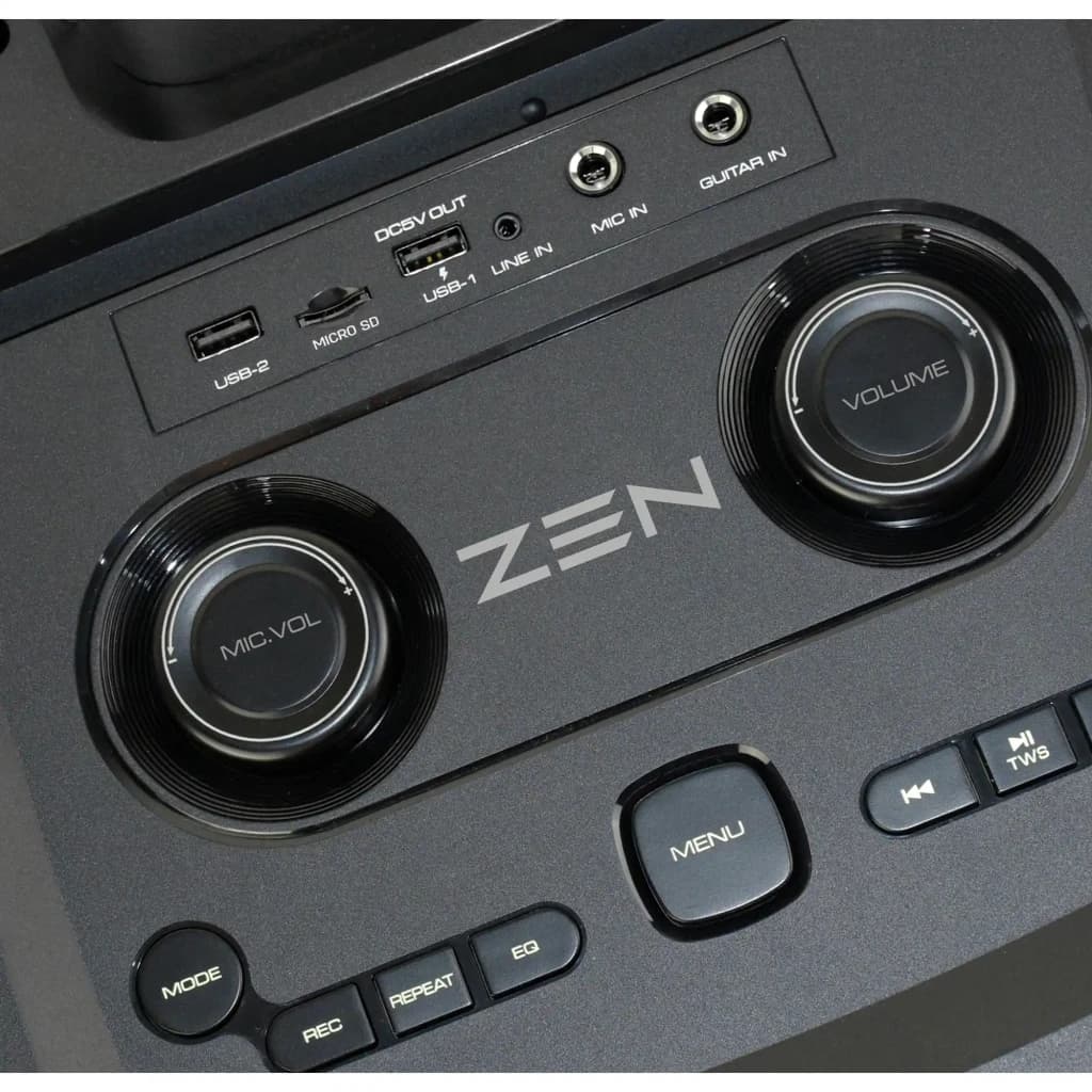 Altavoz portátil ZEN Devices Rings 95W RMS 7h Bluetooth 5.0 Negro, en uso: panel superior con mandos MIC.VOL, VOLUME