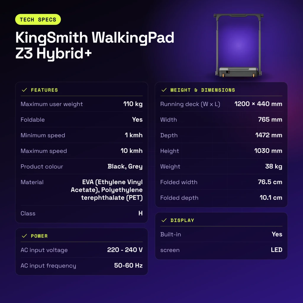 Passadeira KingSmith WalkingPad Z3 Hybrid+ Preto Dobrável 10km/h - características