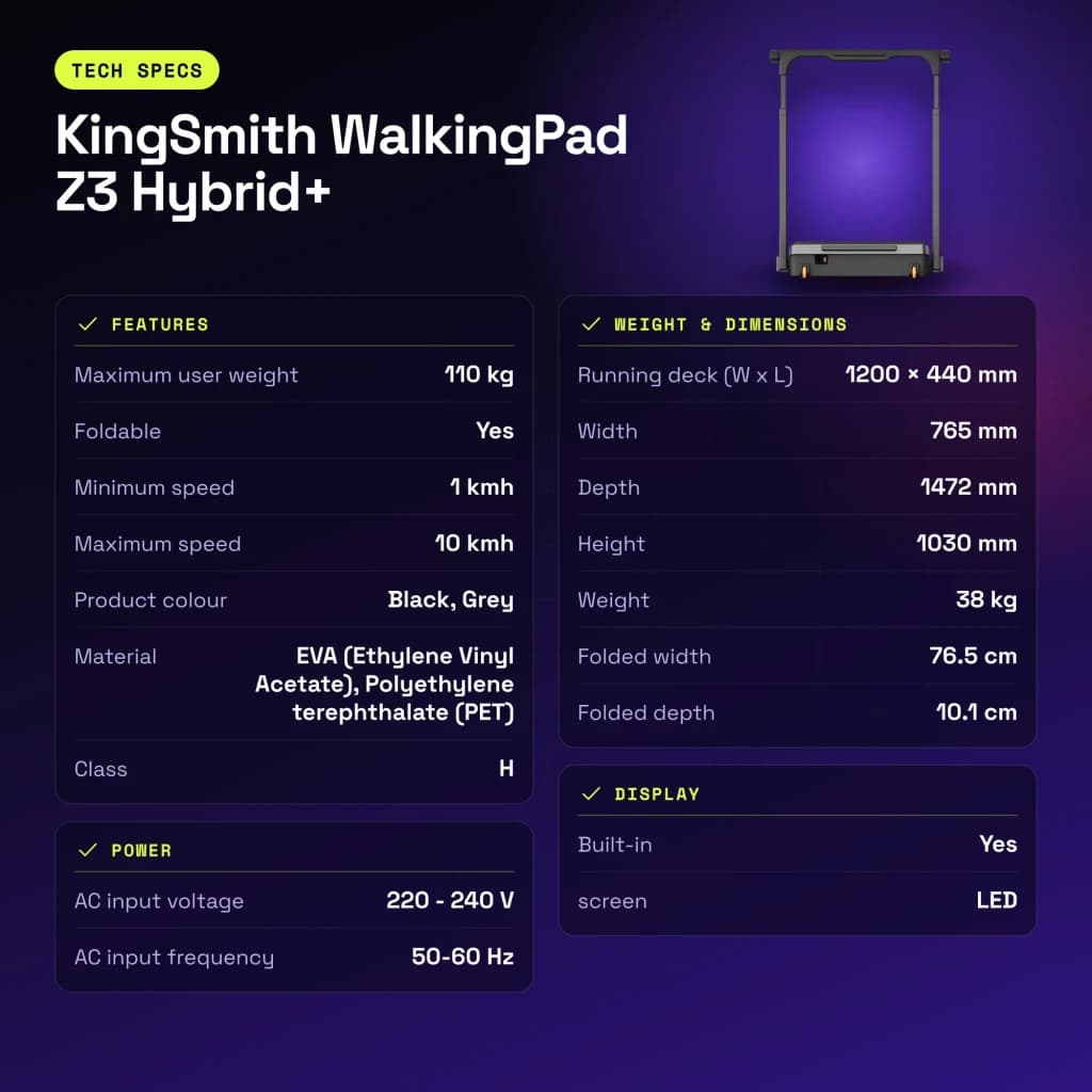 Passadeira KingSmith WalkingPad Z3 Hybrid+ Preto Dobrável 10km/h - características