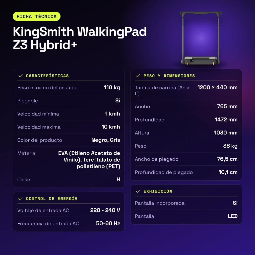Passadeira KingSmith WalkingPad Z3 Hybrid+ Preto Dobrável 10km/h - características
