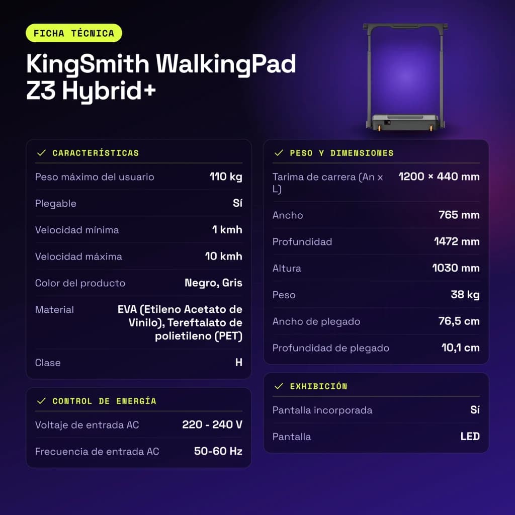 Passadeira KingSmith WalkingPad Z3 Hybrid+ Preto Dobrável 10km/h - características