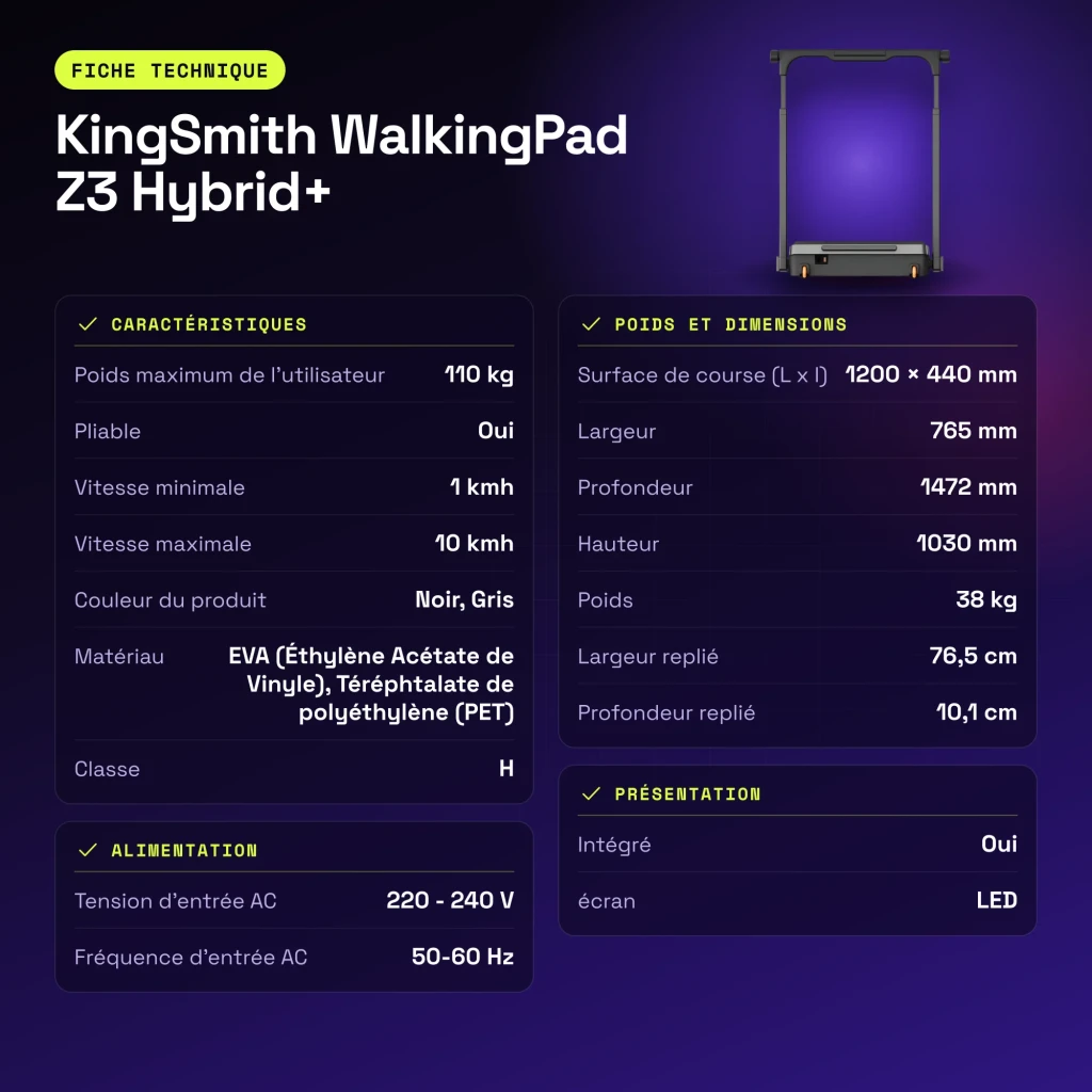 Passadeira KingSmith WalkingPad Z3 Hybrid+ Preto Dobrável 10km/h - características