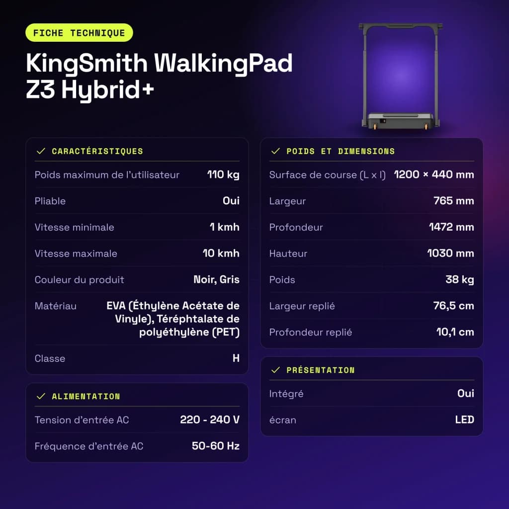 Passadeira KingSmith WalkingPad Z3 Hybrid+ Preto Dobrável 10km/h - características