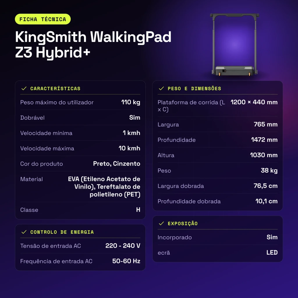 Passadeira KingSmith WalkingPad Z3 Hybrid+ Preto Dobrável 10km/h - características