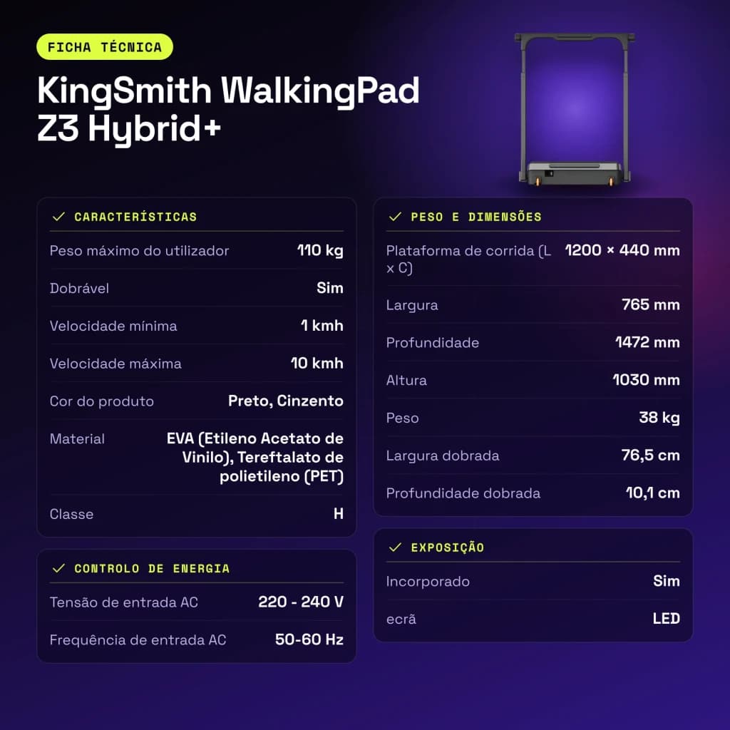 Passadeira KingSmith WalkingPad Z3 Hybrid+ Preto Dobrável 10km/h - características
