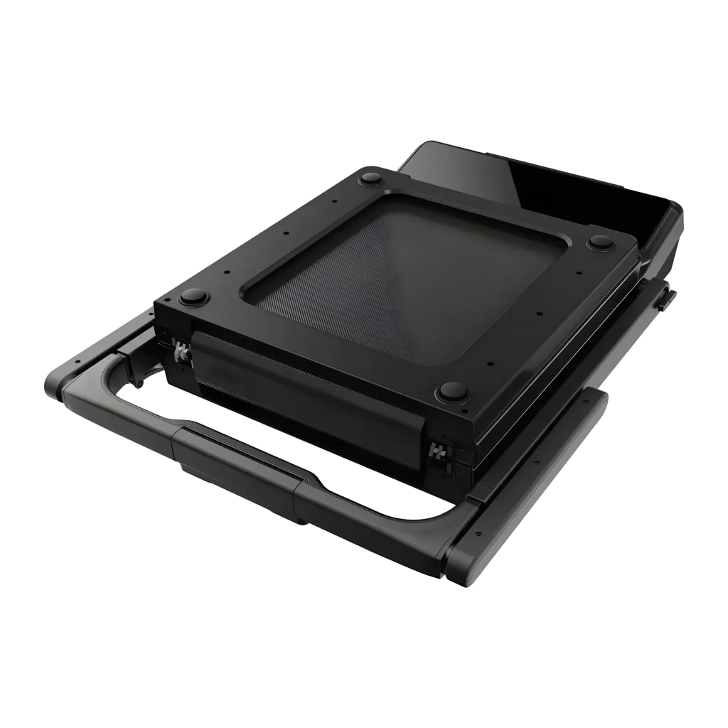 Passadeira KingSmith WalkingPad Z3 Hybrid+ Preto Dobrável 10km/h, vista inferior: unidade dobrada com tapete e chassi