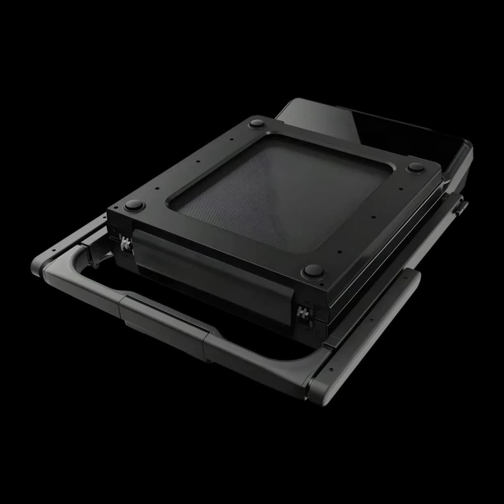 Passadeira KingSmith WalkingPad Z3 Hybrid+ Preto Dobrável 10km/h, vista inferior: unidade dobrada com tapete e chassi