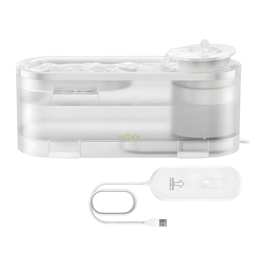 Fontaine automatique MOVA WF10 Pro 1,5L Blanc Filtre en coton, vue de face: réservoir transparent avec logo doré, jet d'eau