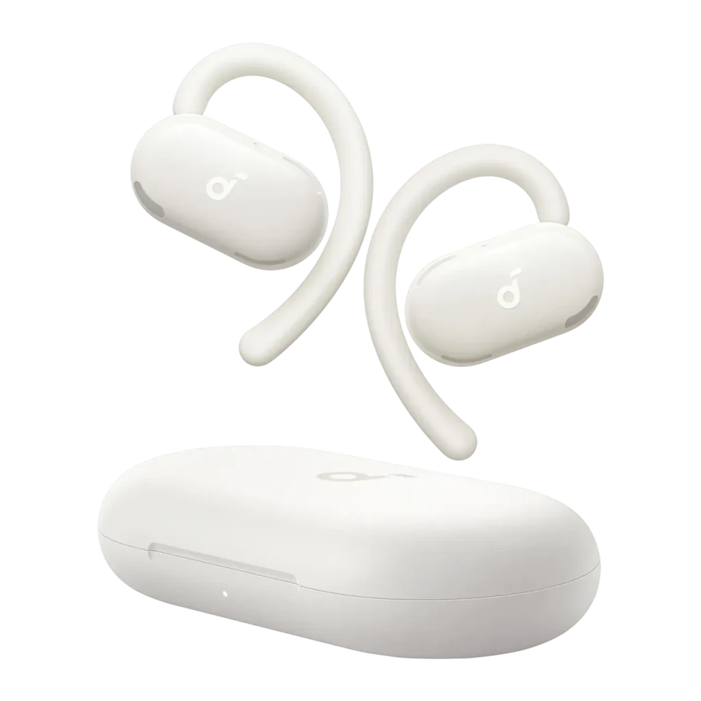 Écouteurs open-ear Anker Soundcore V20i Bluetooth Blanc, vue de face: deux écouteurs blancs à crochet auriculaire flottant