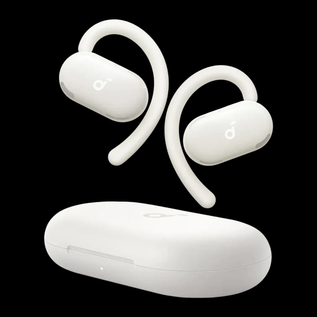 Écouteurs open-ear Anker Soundcore V20i Bluetooth Blanc, vue de face: deux écouteurs blancs à crochet auriculaire flottant