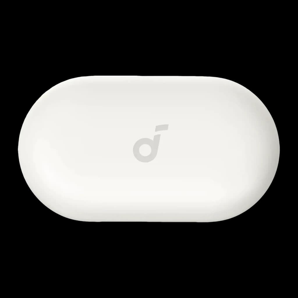 Écouteurs open-ear Anker Soundcore V20i Bluetooth Blanc, détail: couvercle supérieur du boîtier de charge avec logo Soundcore