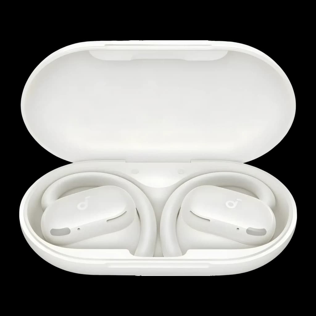 Écouteurs open-ear Anker Soundcore V20i Bluetooth Blanc, détail: les deux écouteurs dans le boîtier ouvert, crochets et logo