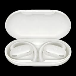 Écouteurs open-ear Anker Soundcore V20i Bluetooth Blanc, détail: les deux écouteurs dans le boîtier ouvert, crochets et logo