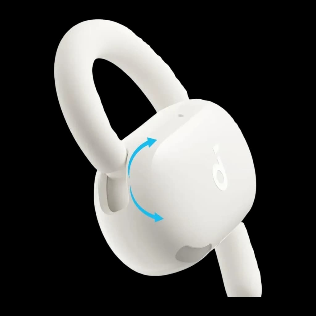 Écouteurs open-ear Anker Soundcore V20i Bluetooth Blanc, détail: crochet auriculaire et capsule pivotante avec flèches