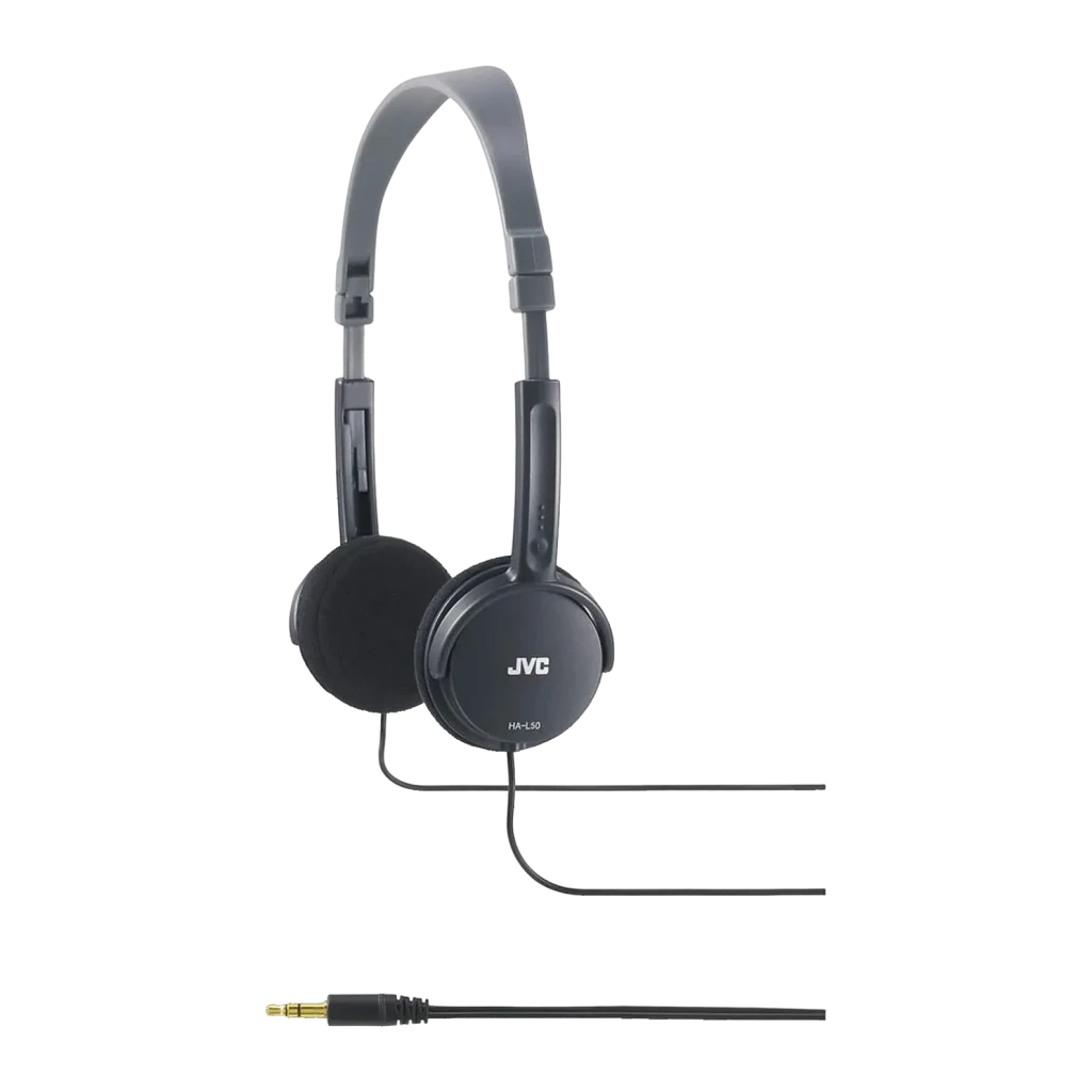 Casque JVC HA-L50 Supra-Aural Filaire Jack 3,5 mm Noir, vue de face: arceau pliable, coussinets et câble avec jack doré