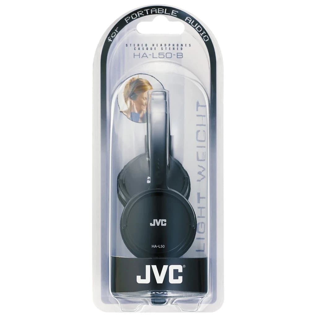 Casque JVC HA-L50 Supra-Aural Filaire Jack 3,5 mm Noir, contenu de la boîte: blister avec casque plié et logo JVC visible
