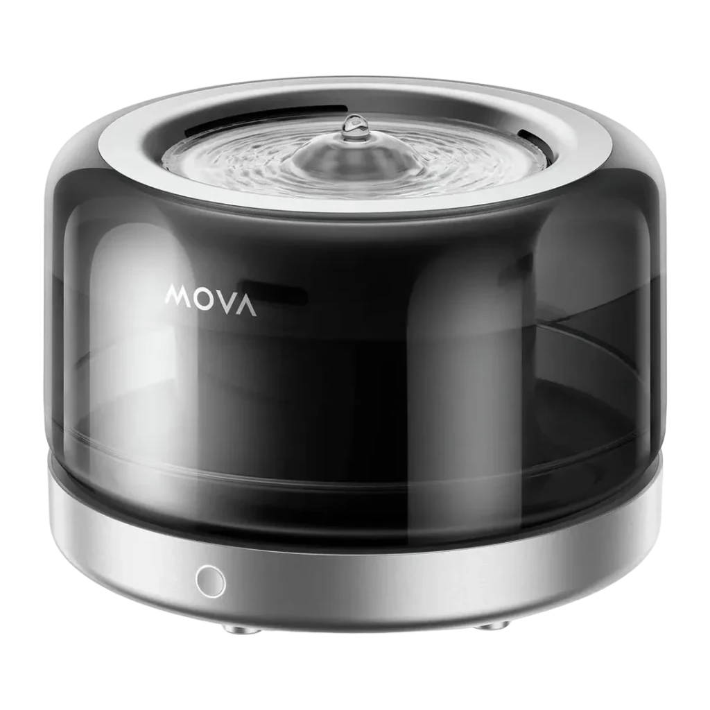 Fontaine Automatique MOVA WF20 Pro 3L Acier Inoxydable, vue de face: corps cylindrique noir translucide, anneau argenté