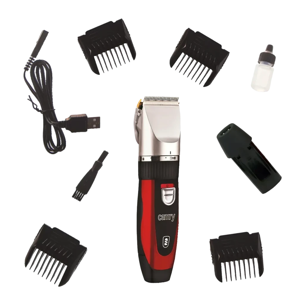 Cortapelos para mascotas Camry CR 2821 40min 2 baterías incluidas Negro/Rojo, detalle: accesorios desplegados, 4 peines