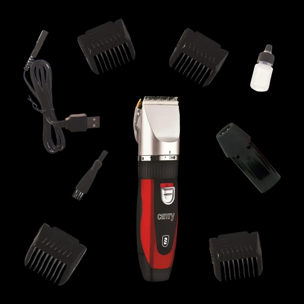 Cortapelos para mascotas Camry CR 2821 40min 2 baterías incluidas Negro/Rojo, detalle: accesorios desplegados, 4 peines