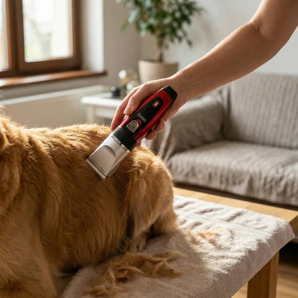 Cortapelos para mascotas Camry CR 2821 40min 2 baterías incluidas Negro/Rojo, en uso: mano esquilando perro dorado
