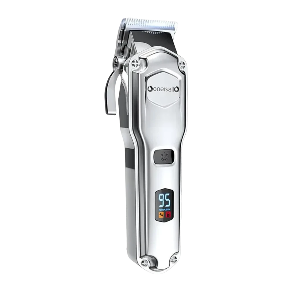 Cortapelos para mascotas Oneisall Inalámbrico USB 4h autonomía RFC-676, vista frontal: cuerpo plateado metálico, pantalla