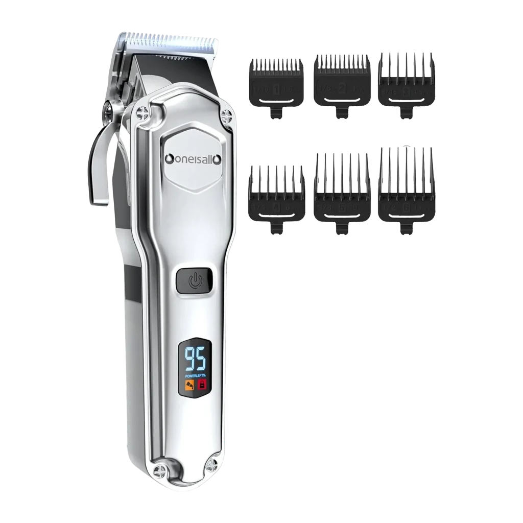 Cortapelos para mascotas Oneisall Inalámbrico USB 4h autonomía RFC-676, detalle: pantalla LED con 95% batería y 6 peines