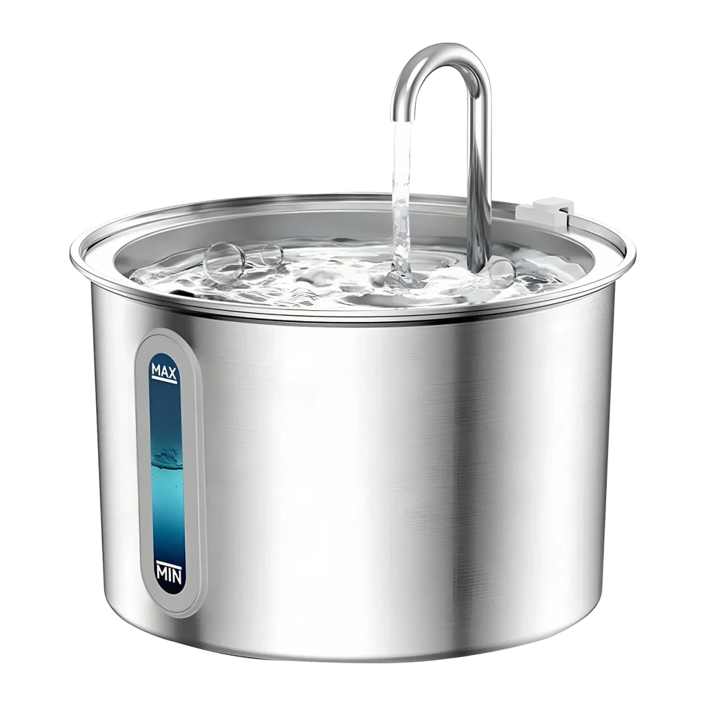 Bebedero automático Oneisall 2L Acero Inoxidable PWF-001-1, vista frontal: grifo arqueado con agua fluyendo e indicador